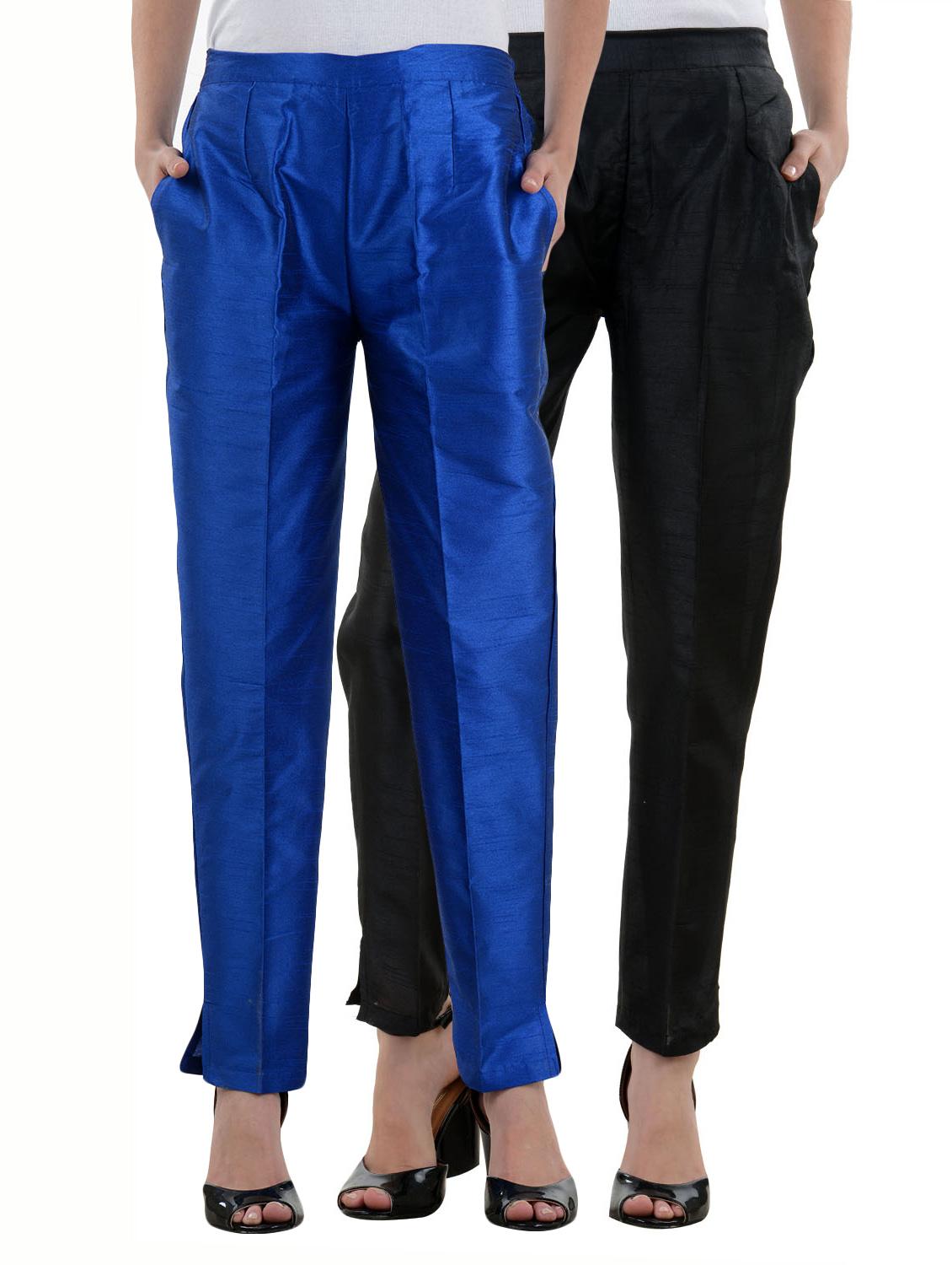 black,royalblue silk trousers - 10166025 - Zoom Image - 0