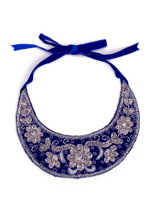 Royal blue bib necklace with silver zardozi work - 10254 - Very Small Image - 1
