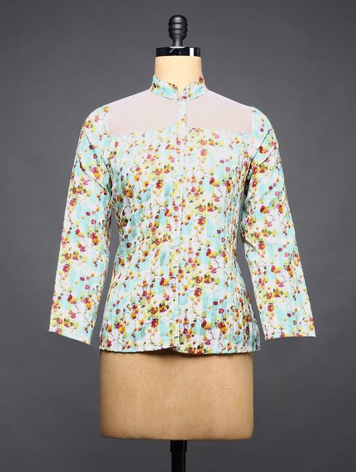printed cotton shirt with net yoke - 1028030 - Very Small Image - 1