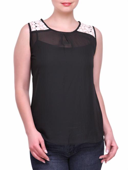 chiffon pleat top with lace insert - 1030124 - Very Small Image - 1