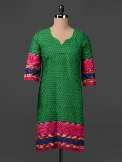 Green-multicolored  Printed Cotton Kurta - 1044504 - Very Small Image - 1
