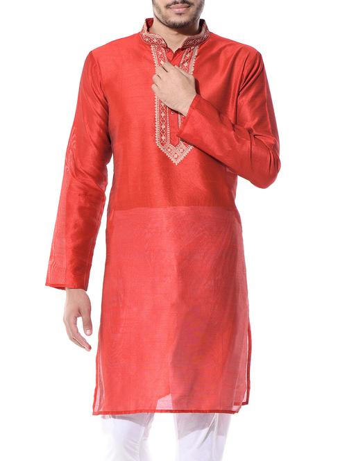 red embroidered dupion kurta - 10551796 - Very Small Image - 1