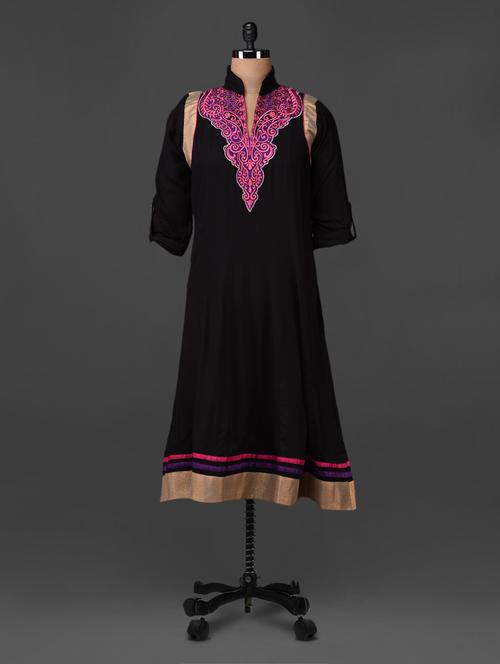 black embroidered mandarin collar rayon kurta - 1056116 - Very Small Image - 1
