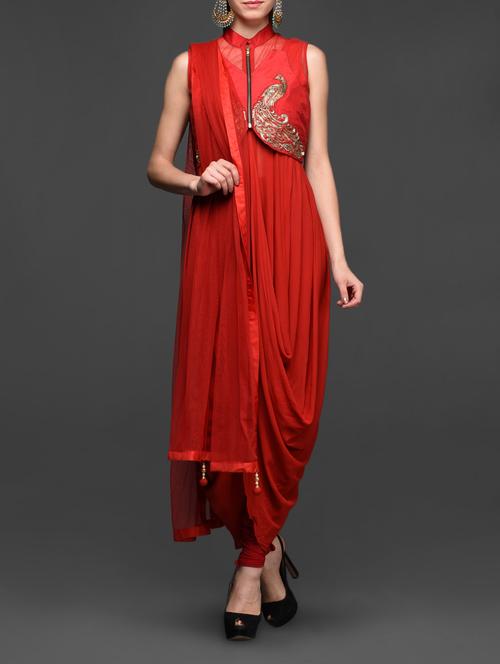 blood red dhoti suit with short jacket - 1058574 - Very Small Image - 1