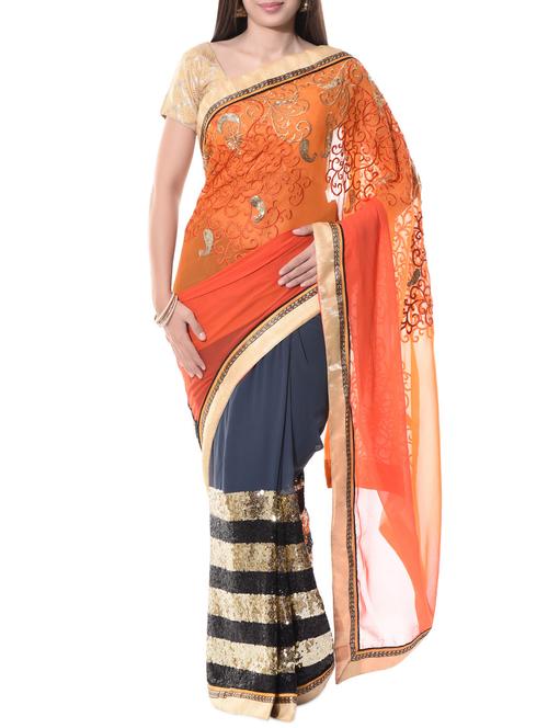 orange and grey embellished georgette saree - 10597892 - Very Small Image - 1