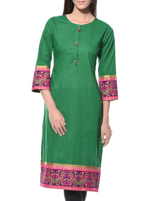 Dark green printed round neck cotton kurta - 10619396 - Very Small Image - 1