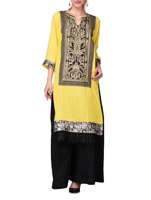 yellow and black embroidered kurti and palazzo set - 1070280 - Very Small Image - 1