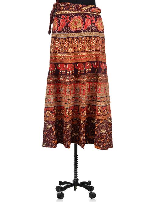 brown jaipuri printed cotton long wrap skirt - 1076171 - Very Small Image - 1