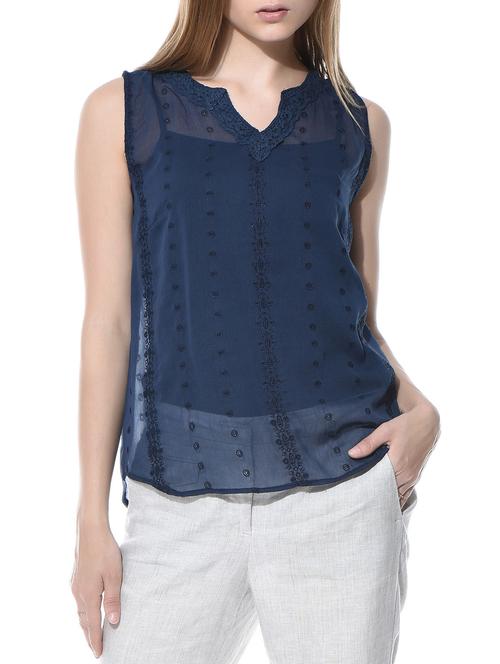 navy blue embroidered sleeveless chiffon top - 10780615 - Very Small Image - 1