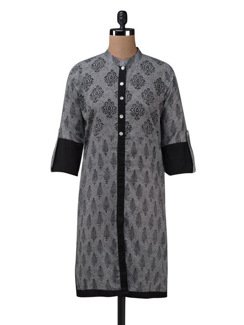 grey mandarin collar printed kurta - 1082029 - Very Small Image - 1