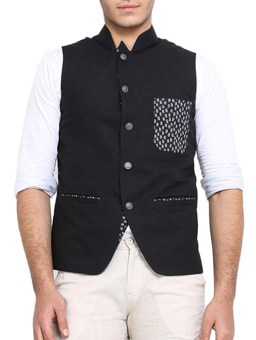 black linen nehru jacket - 10839792 - Very Small Image - 1