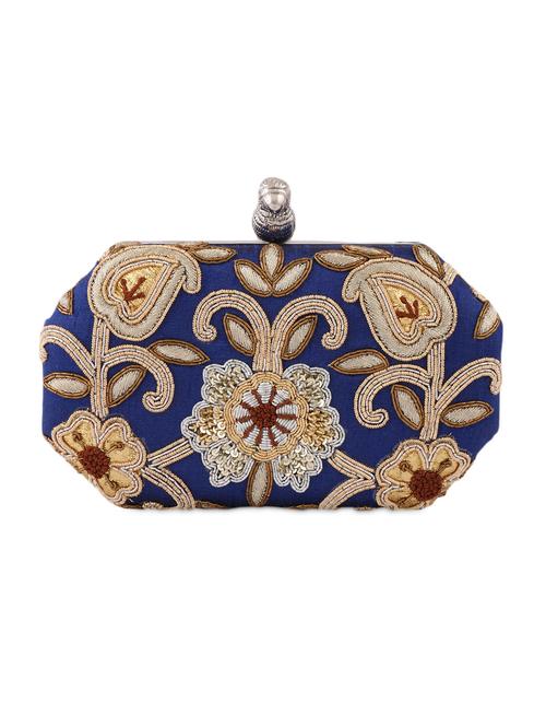 Embroidered Royal Blue Art Silk Clutch - 1085079 - Very Small Image - 1