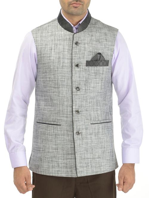 grey jute nehru jacket - 10925183 - Very Small Image - 1