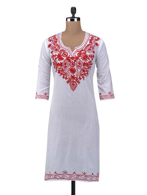 Red Kashmiri Embroidered White Kurta - 1098954 - Very Small Image - 1