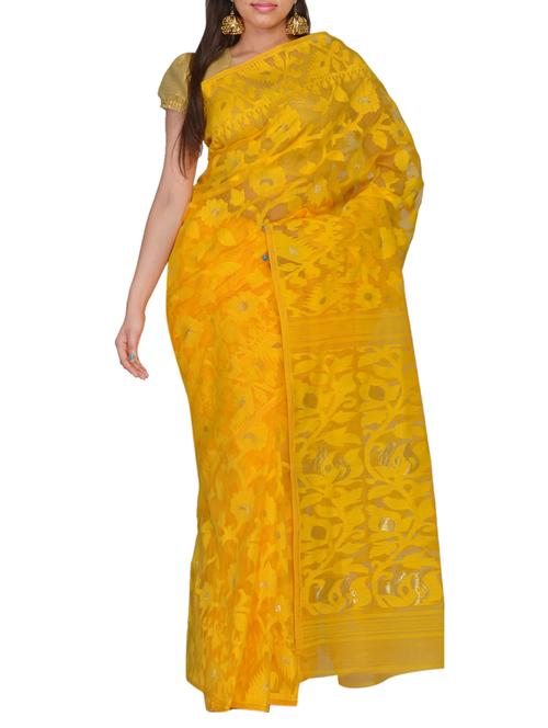 yellow cotton blend jamdani saree with blouse - 11076933 - Very Small Image - 1