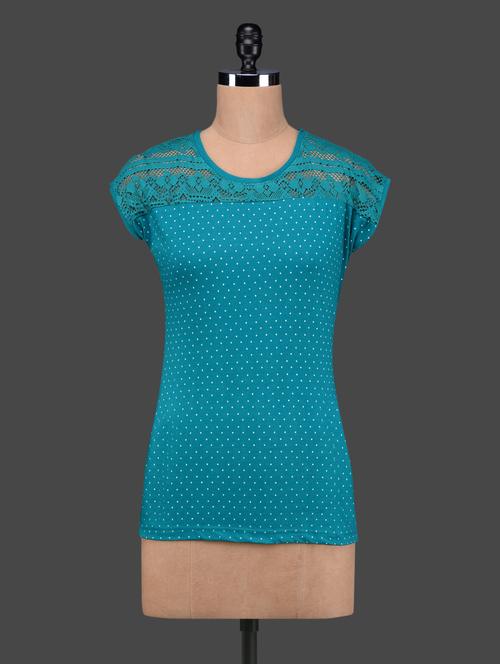 sea green polka dots lace yoke cotton top - 1114883 - Very Small Image - 1
