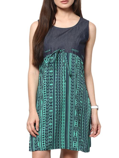 printed sleeveless round neck denim dress - 1124568 - Very Small Image - 1