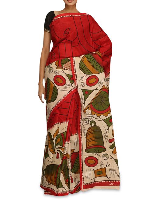 cream and red handwoven pure cotton saree - 1133311 - Very Small Image - 1