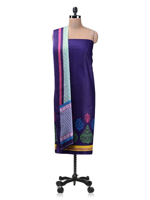 blue printed cotton unstitched suit set - 1140005 - Very Small Image - 1