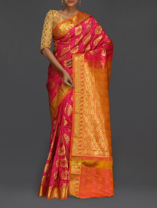 golden zari leaf woven pink kanjivaram saree - 1145859 - Very Small Image - 1