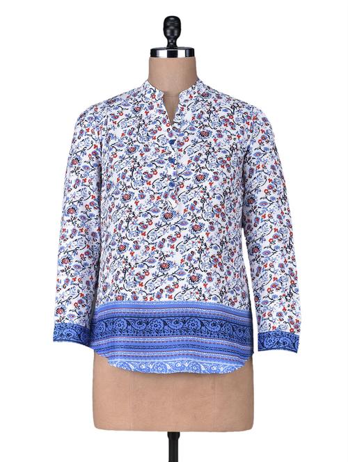 white button tunic with printed blue border   - 1153057 - Very Small Image - 1