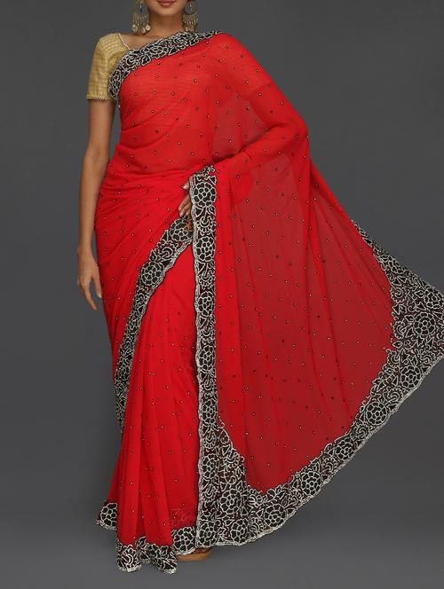 embellished floral border red saree - 1153997 - Very Small Image - 1