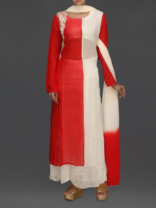 red and off-white embroidered suit set - 1158472 - Very Small Image - 1