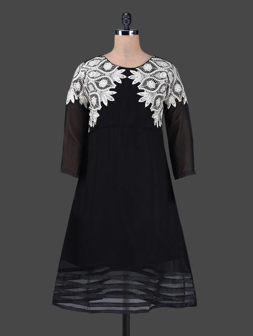 long sleeve embroidered shoulder round neck dress - 1160200 - Very Small Image - 1