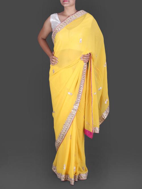 Yellow georgette saree with gota patti work - 1172066 - Very Small Image - 1