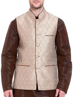 beige silk blend nehru jacket - 11779118 - Very Small Image - 1