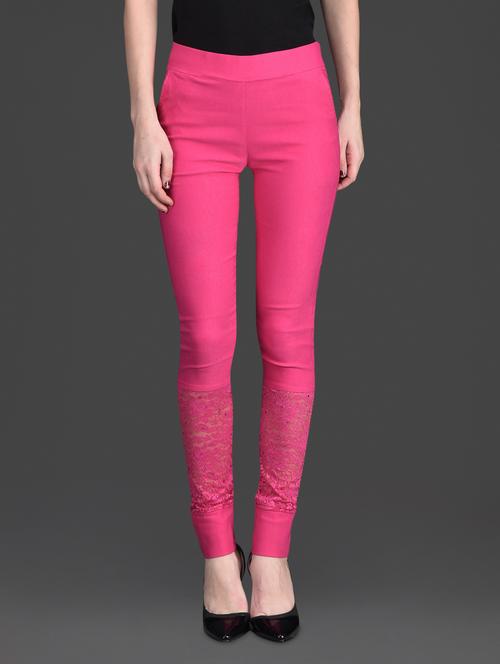 solid color lacy bottom high waist pink jeggings - 1178660 - Very Small Image - 1