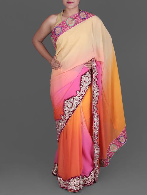 shaded pink georgette saree with dual floral borders - 1186375 - Very Small Image - 1