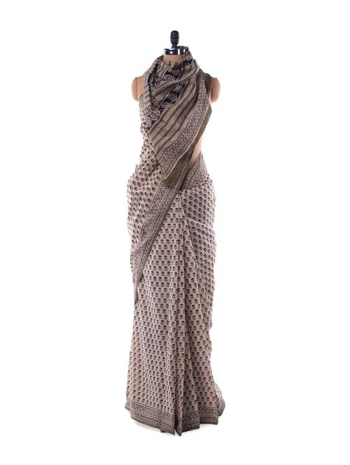 off-white and green printed cotton saree - 11881 - Very Small Image - 1