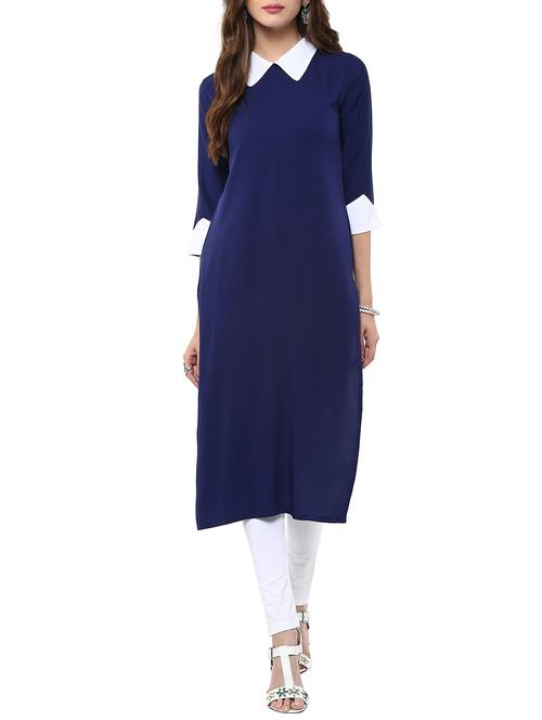 blue crepe straight solid  kurta - 11900676 - Very Small Image - 1