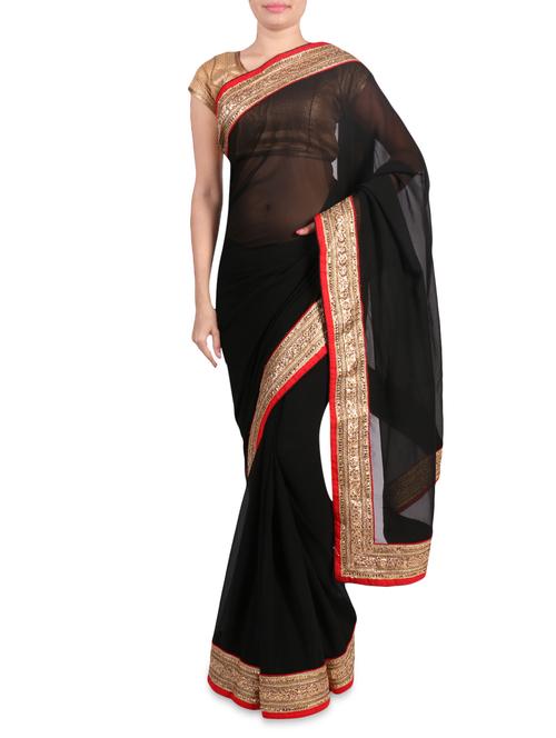 Black Faux Georgette Saree With Gold Border - 1192811 - Very Small Image - 1