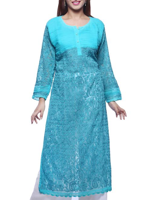 Turquoise Chikankari Embroidered Georgette Kurta - 11960477 - Very Small Image - 1