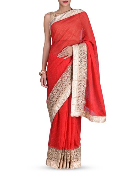 red embroidered zardosi georgette saree - 1207365 - Very Small Image - 1