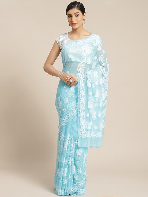 blue georgette hand embroidered chikankari saree with blouse - 12128291 - Very Small Image - 1