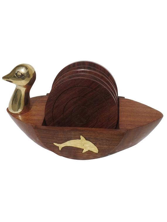 desi karigar brown & golden wooden duck shape coaster set of 6