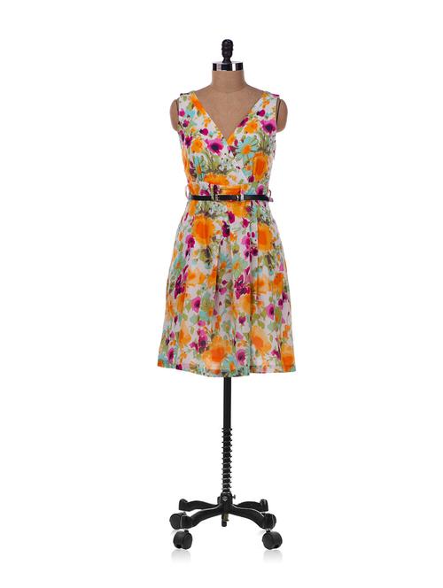 multicolored floral dress with belt - 12238 - Very Small Image - 1