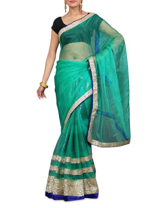 teal green sequined net saree - 1224518 - Very Small Image - 1