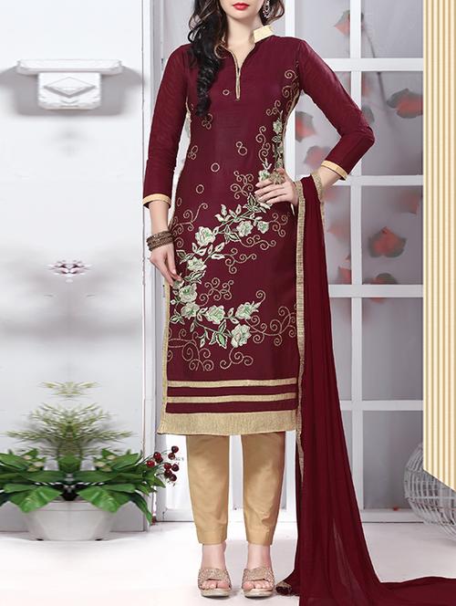 brown cotton unstitched suit - 12300726 -  Standard Image - 0