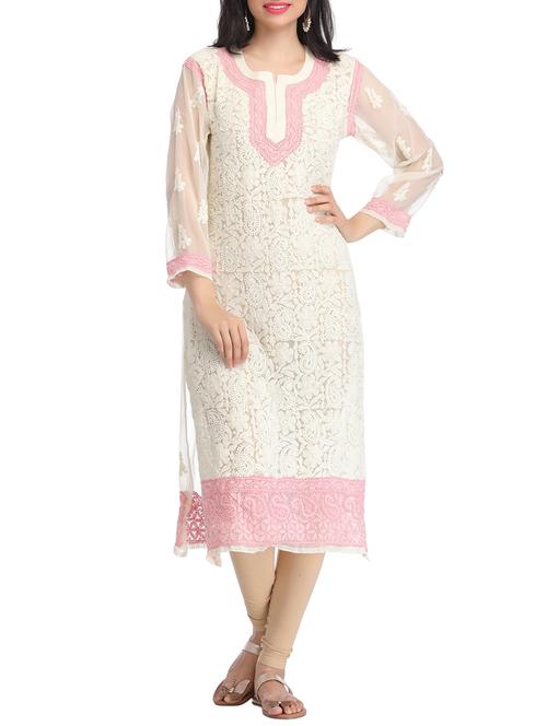 cream georgette straight chikankari kurta - 12368936 - Very Small Image - 1
