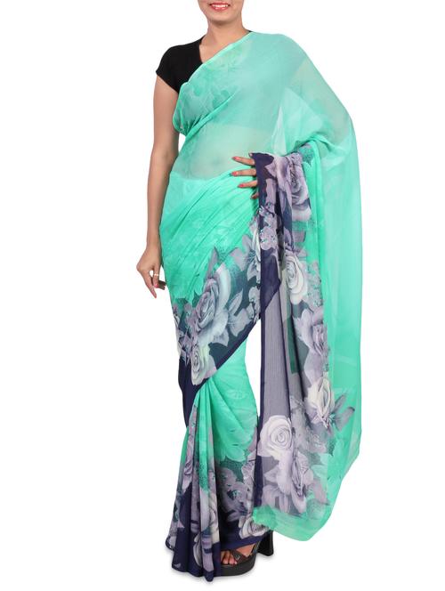 green printed chiffon saree with blouse - 1242652 - Very Small Image - 1