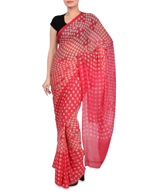 Pink Printed Chiffon Saree With Blouse - 1242666 - Very Small Image - 1