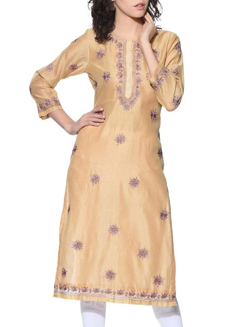 beige embroidered chanderi kurta - 12568630 - Very Small Image - 1