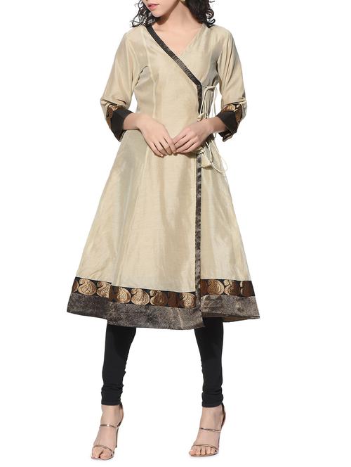 Beige chanderi angrakha kurta with brocade trims - 12568641 - Very Small Image - 1