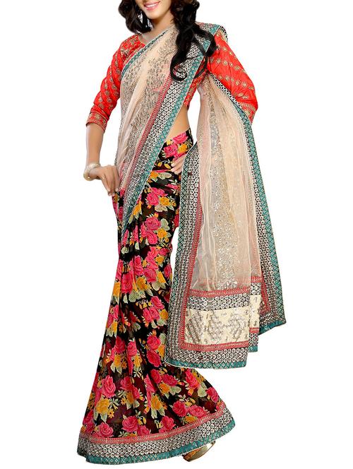 beige net striped saree - 1262043 - Very Small Image - 1