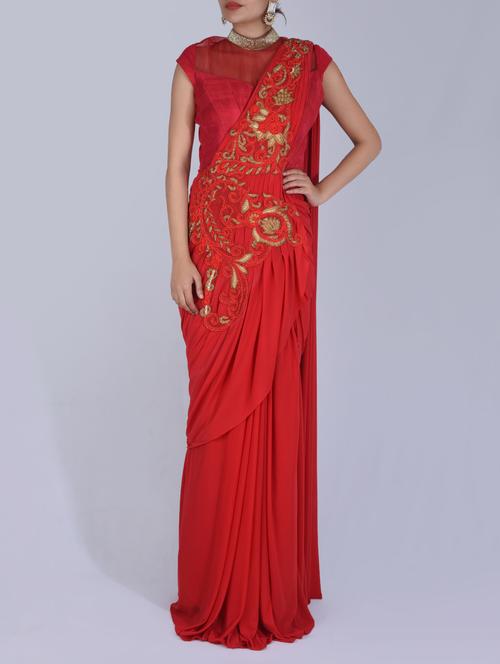 solid red embroidered net sari - 1266685 - Very Small Image - 1