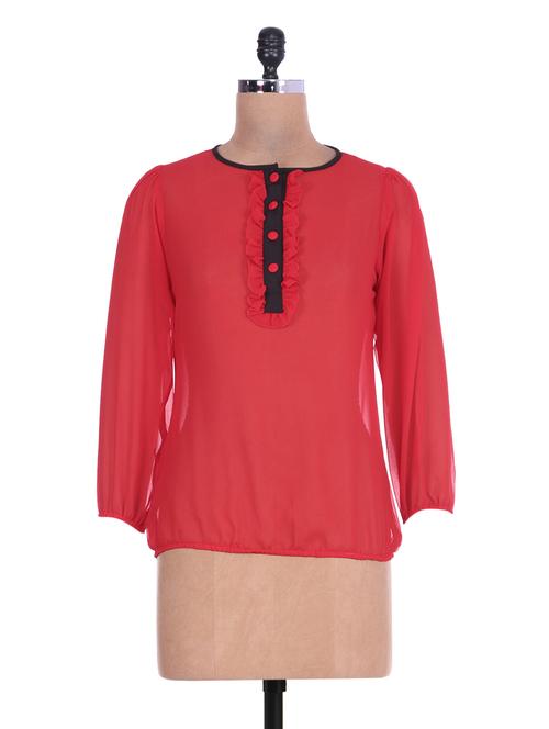 solid red pin tucked georgette top - 1270899 - Very Small Image - 1